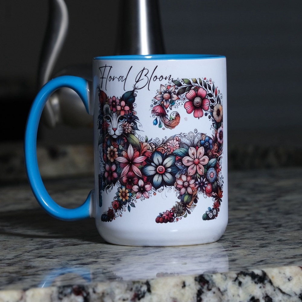 Custom Made Floral Cat Ceramic Mug (15 oz)